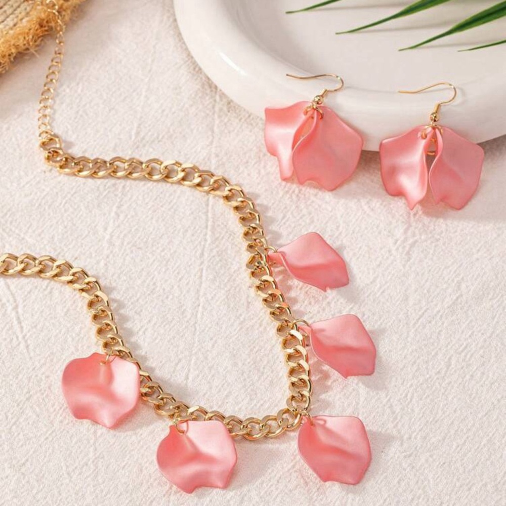 Pink Flower Petals Earrings and Necklace Set